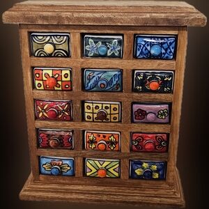 Vintage Handmade 15 Ceramic Drawer Wood Chest, Apothecary, Colorful hand painted
